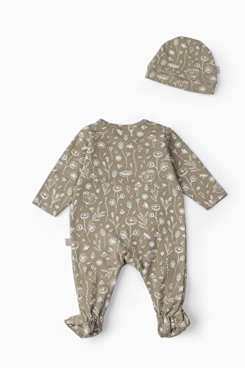 Boumini Baby Booties Jumpsuit Hat Set Spring Floral Khaki