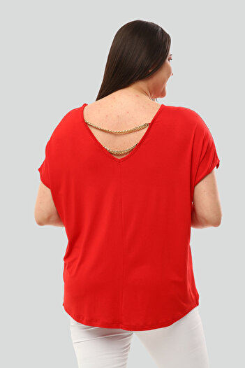 Ebsumu Women's Large Size V-Neck Back Chain Detailed Red Blouse