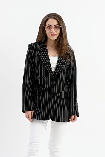 VAPUR TEKSTİL Polyviscon Striped Black Jacket - Three Pocket Flap