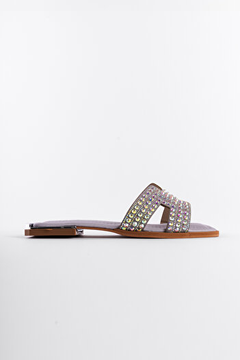 Capone Outfitters Blunt Toe Stoned Banded Metal Heel Detailed Satin Women's Slippers