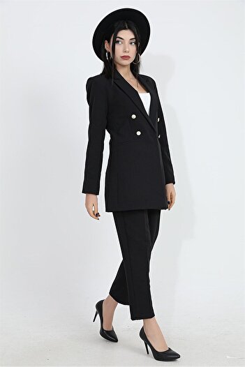 VAPUR TEKSTİL Black Atlas Fabric - Women's Blazer Jacket with Padded Shoulders