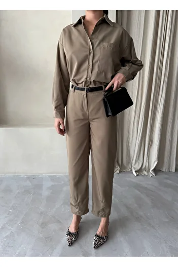 Laluvia Khaki Merlin Belted Shirt Trousers Set
