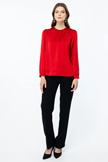 Ekol 2003 Model Red Satin Braided Women's Blouse