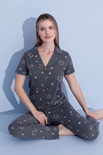 PİJAMOOD 5-Button Anthracite Short Women's Pajamas Set