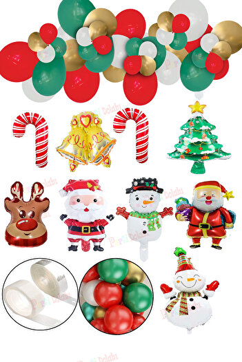 Parti dolabı New Year's 9-Piece Metallic Foil Balloon and Chain Sticker Decoration Set - Santa Venue Ornament