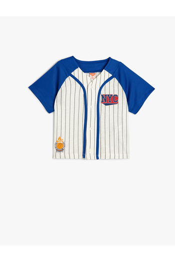 Koton V-Neck Printed Sports T-Shirt - Short Sleeve and Button Closure