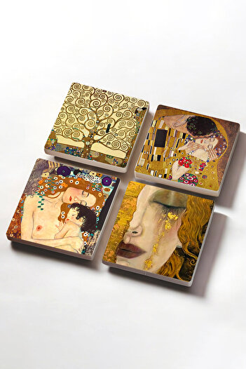 Pinecone Gustav Klimt Golden Tears, Mother Child, Kiss, Tree of Life Stone Coasters Set of 4 10x10cm