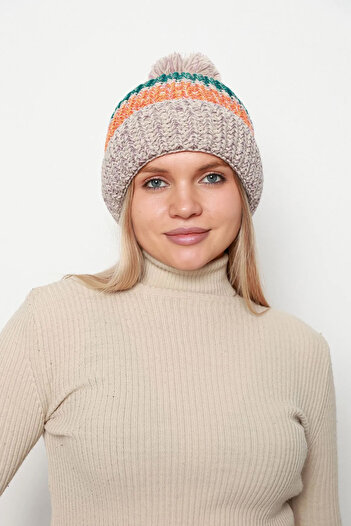 REMSA Beige Colored Knitted Women's Beret - Pompom Detailed, Wool Rkş-23