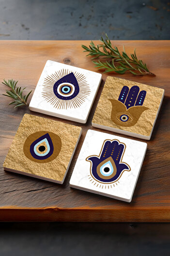 Pinecone Mother of Fatma's Hand (HAMSA), Evil Eye Stone Coaster Desktop Protective Coaster 4 Piece Set 10x10cm Sc247
