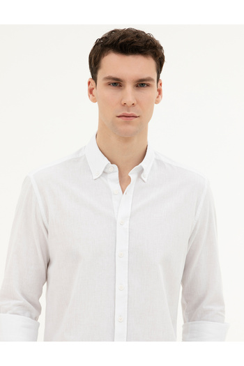 Pierre Cardin White Linen Blend Regular Fit Long Sleeve Shirt 50284168-Vr013