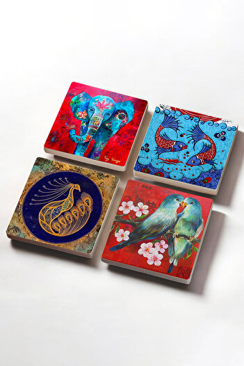 Pinecone Elephant, Bird, Peacock, Tile Art Fish Stone Coasters Desktop Protective Coasters Set of 4 10x10cm