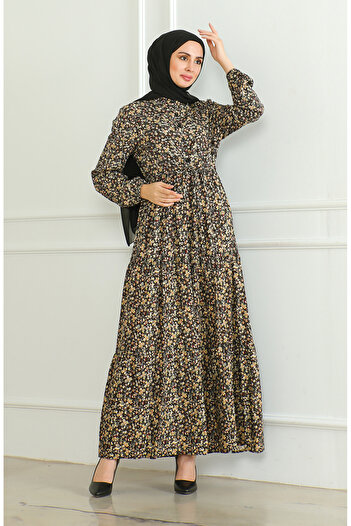 sefamerve Half Buttoned Patterned Viscose Dress 0500-03 Brown