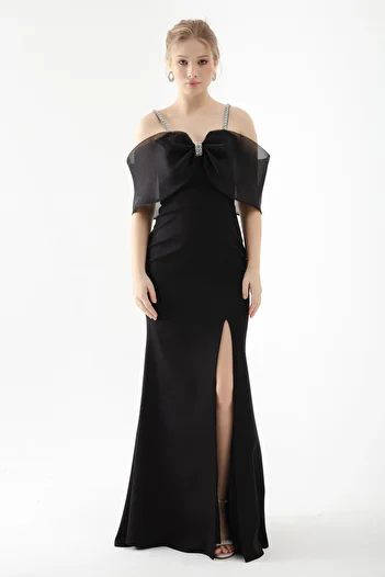 Lafaba Women's Black Stone Strap Long Fishnet Evening Dress