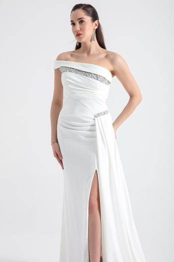 Lafaba Women's White Boat Neck Jewelled Long Evening Dress