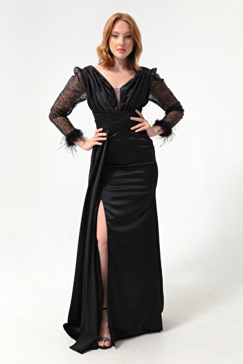 Lafaba Schwarzes Damen-Abendkleid mit V-Ausschnitt und Steinschlitzen