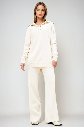 VAGGON High Waist Knitwear Sweater and Elastic Trousers Double Set - Sailor Collar Ecru Prm1276
