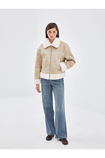 LC Waikiki Shirt Collar Plain Suede Look Women's Coat