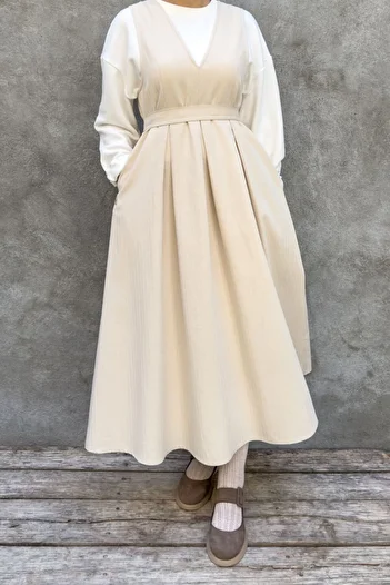 hrmonny Ecru Vintage Women's Modest V Neck Women's Rerto Long Gilet Dress