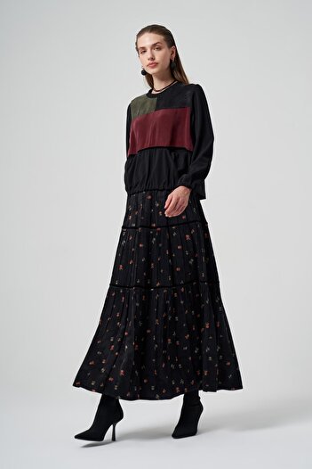 MissWhence Cupro Silk Patchwork Detail Skirt Blouse Set