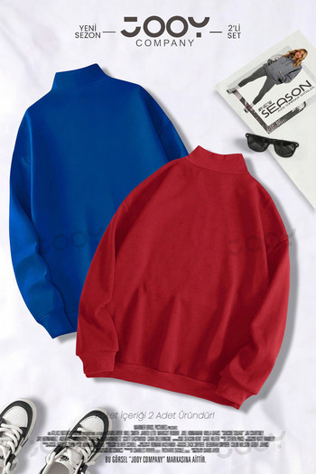 Jooy Company Half Zippered Sweatshirt Red - Saks Blue 2-Piece Campaign Set