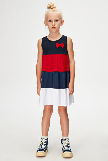 LOVETTI Dark Navy + White Girl's Colorful Drawstring Strap Dress