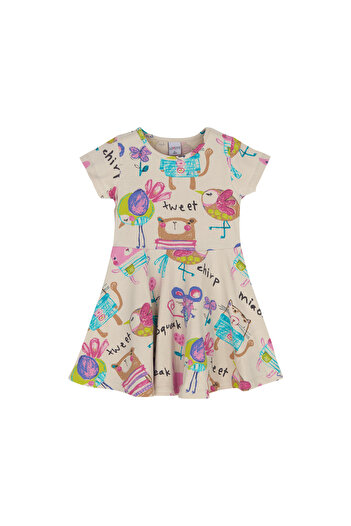 LOVETTI Girls Beige Chirping Animals Patterned Short Sleeve Dress