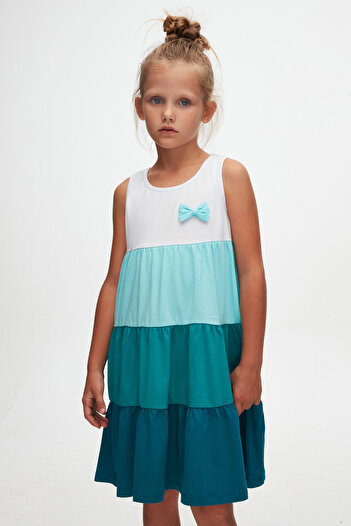 LOVETTI Girl's Strap Dress - White DarK Petrol Color