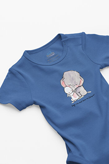 Overoz Organik %100 Pamuk Hug Me And Love Me Forever Fil Ve Tavşan Bebek Body Badi Çıtçıtlı Zıbın 5103-M