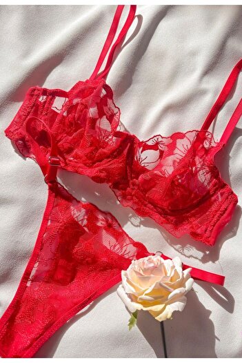 La Linaa Rose Red Thong Pantyhose Bra Set