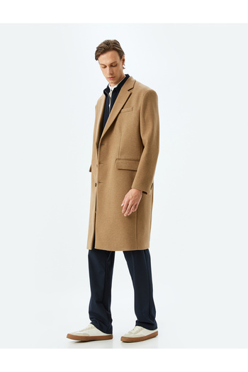 Koton Long Stamp Coat Loose Fit Double Breasted Lapel Flap Pocket Detailed Buttoned Viscose Blended