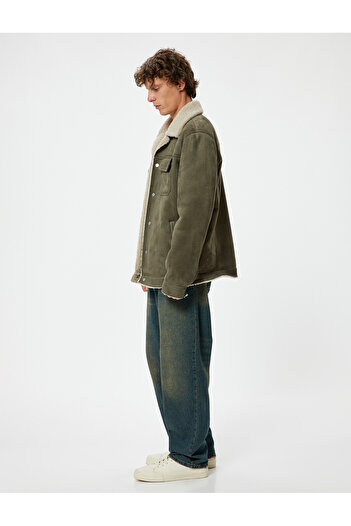Koton Suede Look Jacket Slim Fit Plush Detailed Shirt Collar