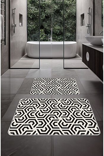 BigArts Home Modern Decorative Non-Slip Base Washable Bath Mat Set - Beige Black 50X60-60X90 cm