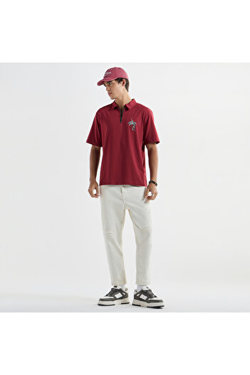 FAV Typographic Print Polo T-shirt with Short Sleeves and Zip Closure