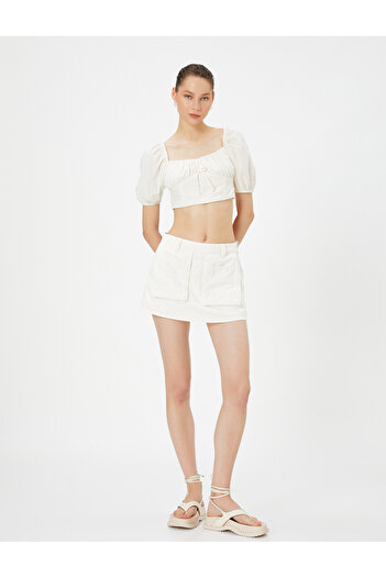 Koton Balloon Sleeve Crop Blouse Drawstring Front Tie Square Neck Cotton