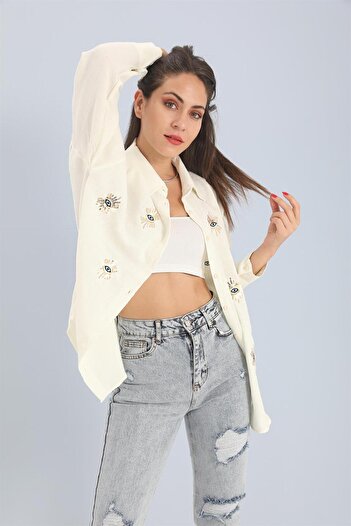VAPUR TEKSTİL Ecru Linen Shirt - Eye Embroidered