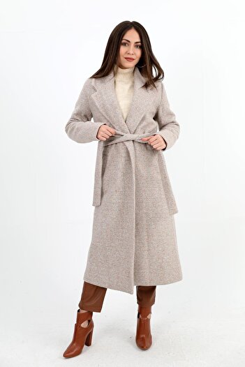 VAPUR TEKSTİL Long Mink Coat - Double Breasted Collar and Flannel Pocket