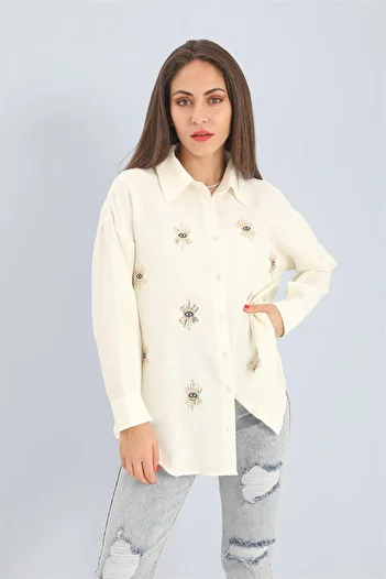 VAPUR TEKSTİL Ecru Linen Shirt - Eye Embroidered