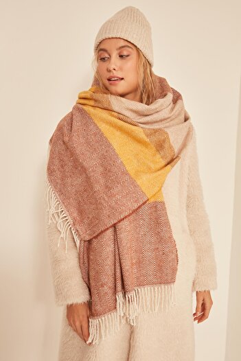 MARBERRY 13809 Soft Textured Fish Back Patterned Orange Thick Shoulder Shawl Scarf