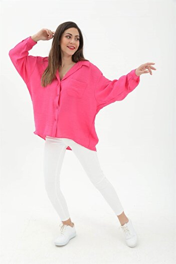 VAPUR TEKSTİL Fuchsia Casual Linen Single Pocket Shirt