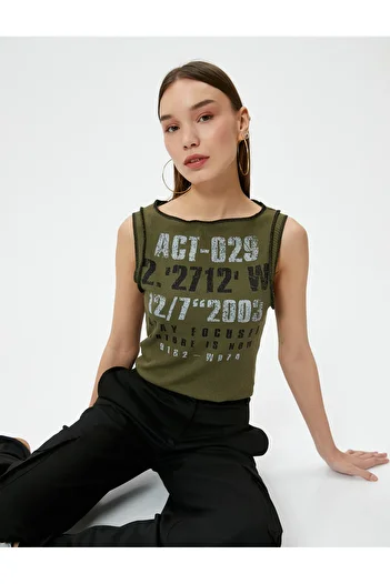 Koton Sleeveless T-Shirt Printed Viscose Fabric Blended Ribbed Round Neck