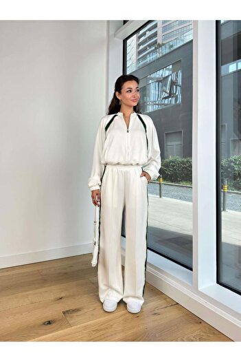 HARMONY GLOBAL Set țesătură modală albă - pantaloni cu nervuri cu dungi și cardigan cu talie elastică 7018
