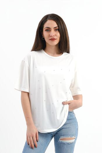 VAPUR TEKSTİL Ecru Color Crew Neck Ring and Bead Detailed T-shirt