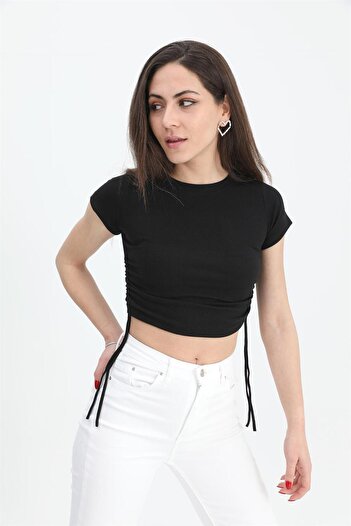 VAPUR TEKSTİL Black Blouse - Crew Neck and Side Gather