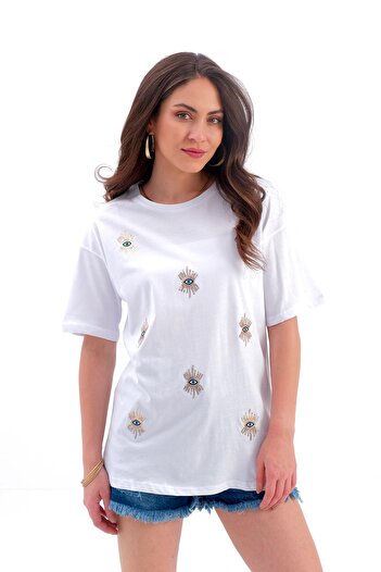 VAPUR TEKSTİL Ecru Single Jersey T-Shirt - Eye Embroidery Detail