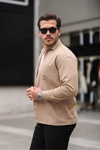 Valiberta Ανδρικό πουκάμισο Oversize Gabardine υφασμάτινο μονής τσέπης - Μπεζ