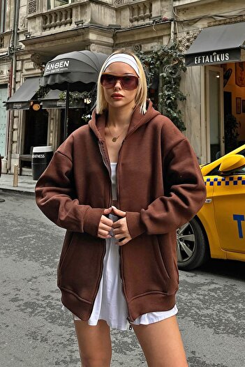 Swist Brown Lena Zippered Hooded Pocket Oversize Women's Sweatshirt with Fleece Inside