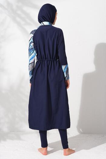Pierre Cardin 231913 Navy Blue Patterned Long Sleeve Zippered Hijab Swimsuit Set