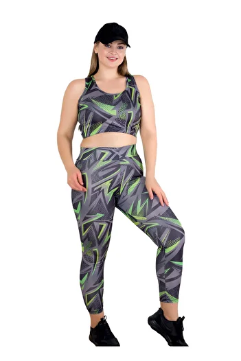 Lady Plus Size Gray Green Patterned Athlete Suit