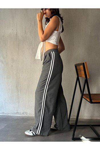 minaaise Women's Gray Striped Side Ribbed Polyviscose Palazzo Trousers 28262