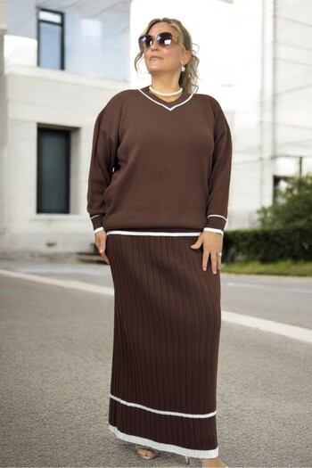 yagmurberen Strip Detail V-Neck Long Sleeve Stretch Bluse Waist Rubber Pleated Skirt Large Size Double Knit Set